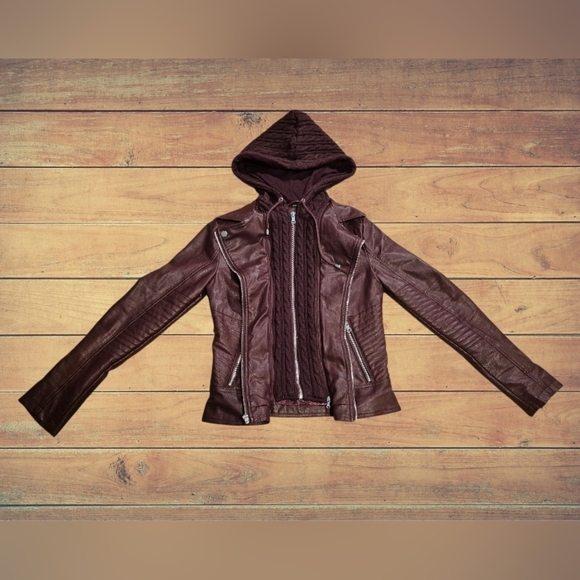 Guess x Wilson's Leather Women's Burgundy Cable-Knit Faux-Leather Jacket S - Picture 4 of 16